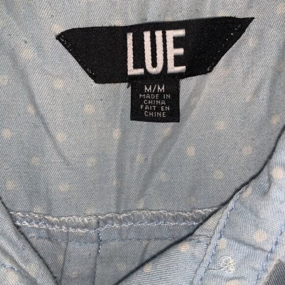 Sleeveless Polka Dot Button-Up Shirt By Lue Light Blue With Frayed Armholes M - Picture 2 of 10